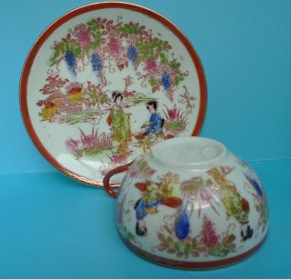 Old Asian Japanese Quality Porcelain Hand Painted Cup Saucer Lithophane Geisha