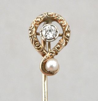 Antique Victorian 14k Gold.  10tcw Diamond Pearl Stickpin Stick Pin 2.  2g Vintage