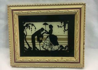 Vintage Reverse Painting On Glass Black & White Gold Wood Frame 6 X 5 Inches