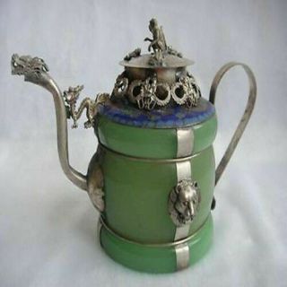 Chinese Handwork Old Green Jade Bracelet Inlay Tibet - Silver Dragon Teapot S