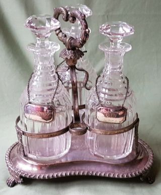 Antique Silver Plated 3 Bottle Tantalus With Labels,  Brandy Gin Port