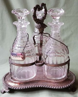 Antique Silver Plated 3 Bottle Tantalus with Labels,  Brandy Gin Port 2