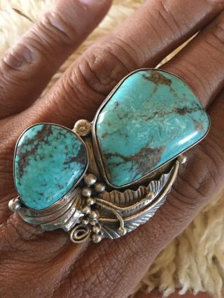 Vintage Navajo Turquoise Leaf Sterling Silver Ring Size 9