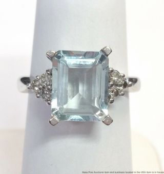 Vintage 14k White Gold Aquamarine Fine Diamond Ladies Ring Size 6.  25