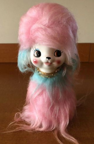 Vintage Japan CUTE puppy Dog Bank With Pink & Blue Cotton Candy Fur 2