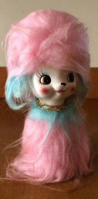 Vintage Japan CUTE puppy Dog Bank With Pink & Blue Cotton Candy Fur 4