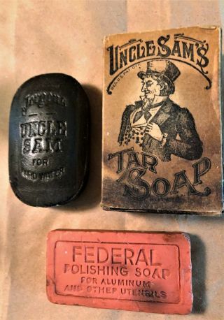 2 Antique Soap Bars " Uncle Sam Tar Soap ",  Cincinnati & Fed.  Tea Co. ,  Mass.