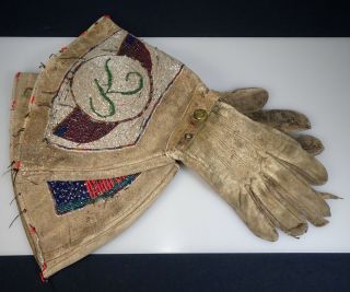 Antique Vintage Native American Beaded Hide Leather Gloves Circle K - 54908 3