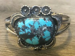 Gorgeous " Signed " Old Vintage Navajo Turquoise & Sterling Silver Cuff Bracelet