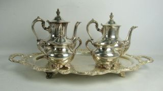 5 Pc Poole Old English Silverplate Tea Set Tray Teapot Coffee Sugar Bowl Creamer