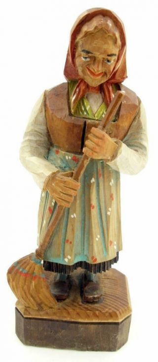 Vintage Wooden Hand Carved German Bavarian Old Woman With Sweep Figure