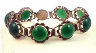 Vintage Sterling Silver & Green Jade Jadite Floral Design Bracelet