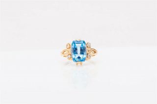 Antique Signed 1940 Retro 4ct Fancy Cut Aquamarine Sapphire 14k Yellow Gold Ring