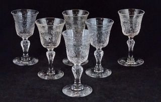Six Hawkes Wheel Cut Heavily Engraved Antique Glass Cordials