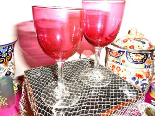 Two Antique Victorian Ruby Glass Wine Glasses
