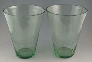 Antique Stiegel Glass Aqua Blown Flip Vases With Engraved Boats