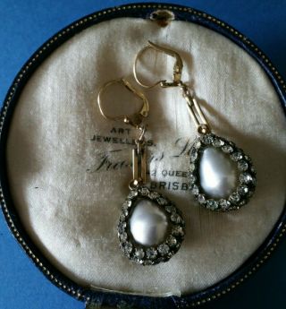 Antique Rare Art Deco 9ct Rolled Gold Crystal Diamond & Pearl Earrings.