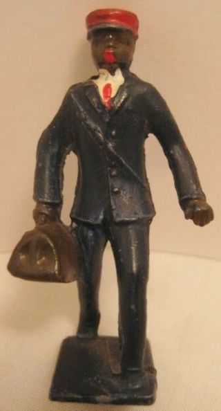 Antique Metal Toy R R Figure Black Porter Man 2 1/4 " Lincoln Log Red Cap 1930s