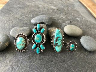 Four Vintage Native American Navajo Silver And Turquoise Rings