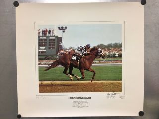 Vintage 1974 Lithograph Of Secretariat: Signed By Jockey And Photographer Nos