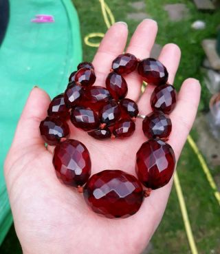 Art Deco Cherry Red Amber Bakelite Necklace 65.  5gm