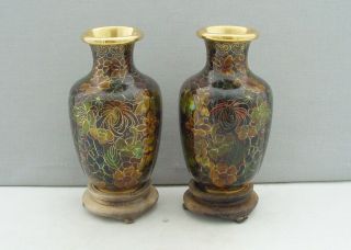 Small Chinese Cloisonne Enamel Vases With Wooden Stands