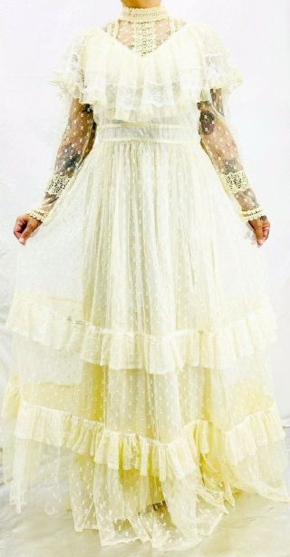 Vtg Gunne Sax Bridal Gown Maxi Dress Sz 13 Renaissance Festival Boho Sheer Lace