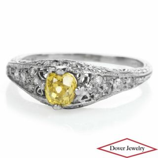 Antique Fancy Yellow Diamond Platinum Floral Filigree Engagement Ring Nr