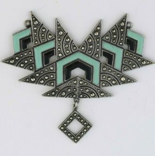 Vtg 1920’s Art Deco Sterling Silver Enamel Marcasite Modernist Pendant Necklace