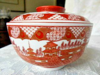Antique Chinese Hand Painted Red Orange Gold Gilt Pagodas Mountains Ftd Tea Bowl