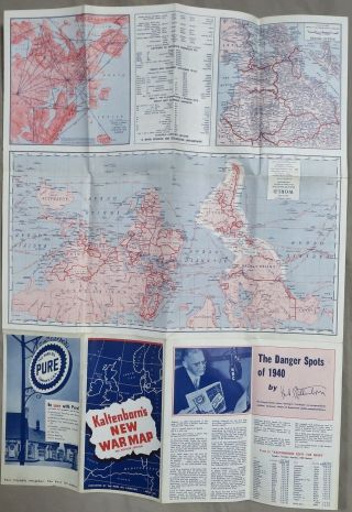 WW2 1940 Vintage KALTENBORN ' S WAR MAP POSTER PURE OIL COMPANY 4