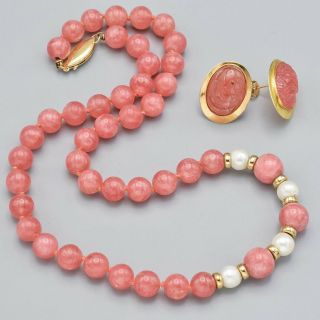 Vintage 14k Gold Pink Jade Pearl Necklace & Carved Phoenix Earring Set 56.  1 G