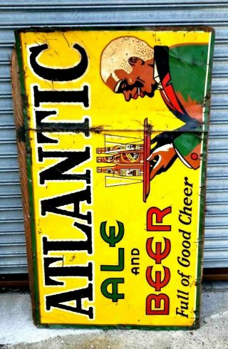 Rare 1920 ' s Atlantic Ale and Beer Pop Gas Station Tin Sign 55x32 2