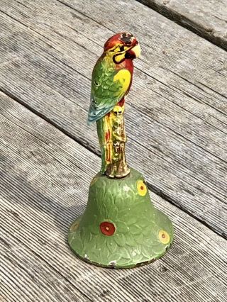 Vintage Hubley Painted Cast Iron Parrot On Top Of A Brass Bell