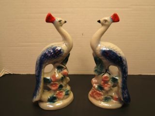 Vintage Set Of 2 Porcelain Peacocks Figurines Handpainted 7.  5 " Tall