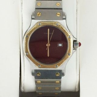 Rare Red Dial Cartier Santos Swiss Made Ladies Womens 18k Gold Stainless Watch