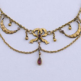 Antique Victorian Edwardian Gold Gf Belle Epoque Bow Festoon Pink Paste Necklace