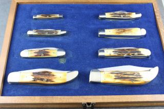 RARE CASE XX 1977 STAG BLUE SCROLL SET WITH WOODEN DISPLAY NR 8