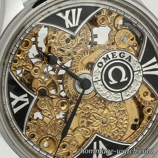 OMEGA movement SWISS Silver Dial Hand Engraving Skeleton Rare Wrist Watch 48 mm 8