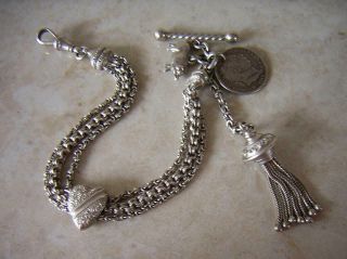 Victorian Silver Albertina Watch Chain Bracelet With Tassel & Pig Charm & Heart