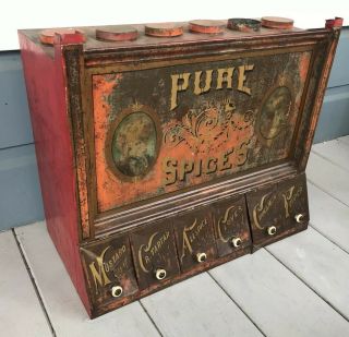 Antique Large Country General Store Display Metal Tin Spice Cabinet