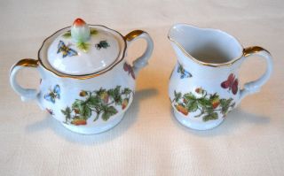 Ardalt Strawberry And Butterfly Creamer And Sugar Bowl W/ Lid