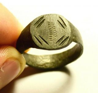 Intact Medieval Bronze Ring With Decorated Bezel - - Wearable