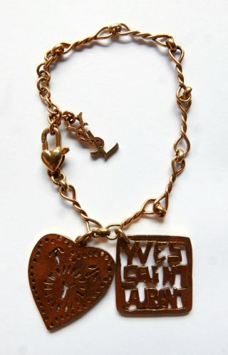 Vintage Yves Saint Laurent Morrocan Heart & Ysl Plaque Goldtone Charm Bracelet