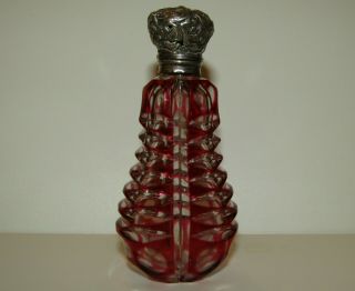 Fine,  Antique Early Victorian Sterling Silver Cranberry Glass Perfume Bottle