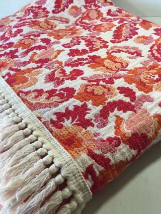 Vintage Retro Bedspread Pink Red Orange Floral Fringe Full Size Cannon Royal