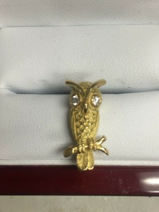 Vintage 18k Yellow Gold Owl W/ Diamond Eyes Pin