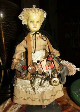 Antique 1800s Paper Mache Lady Peddler Doll Antique Clothes Plaid Leather Hands