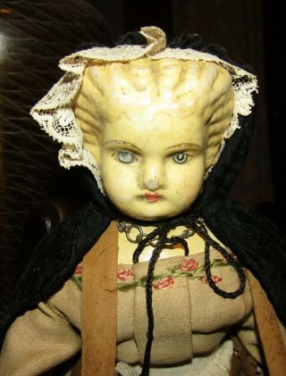 Antique 1800s Paper Mache Lady Peddler Doll Antique Clothes Plaid Leather Hands 2