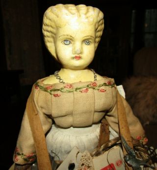 Antique 1800s Paper Mache Lady Peddler Doll Antique Clothes Plaid Leather Hands 3